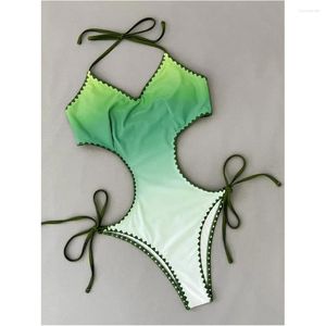 Women's Swimwear Gradient Bikinis Set Scalloped Bordered Halter String Monokini Cut Out Sexy Swimsuit Women One-Piece Beach Bathing Suit