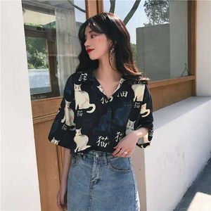 Women's Polos Womens summer shirt black cat printed short sleeved T-shirt womens trend casual exotic Japanese style white womens long sleeved topL2405