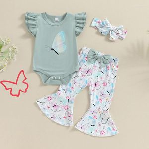 Set di abbigliamento per bambine outfit estate manica farfalla pagliaggio con pantaloni svasati e fascia per la testa