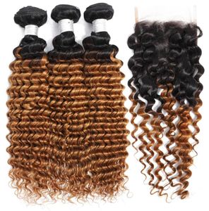 Omber Color Deep Wave Hair Bundle med stängning Peruansk mänskligt hårbunt med stängning 1B27 Color Hair Weave6201882