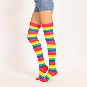 Calzini da donna calze arcobaleno a strisce su ginocchiera alta coscia per il costume da cosplay natalizio festa