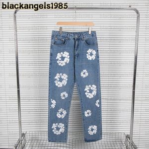 DENIMS DT KAPOK 눈물 클래식 501 폼 플로럴 풀 프린트 패턴 라이트 블루 블랙 공동 브랜드 로고 다목적 거리 캐주얼 패션 스트레이트 청바지