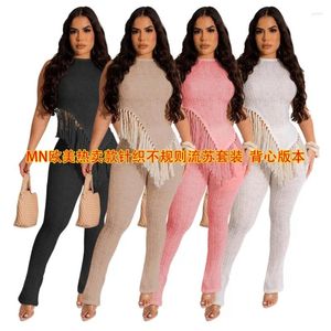 Beach Cover Up Dress Women Clothes Luxury Outings 2024 Summer Irregular Knitted Fringe Vest Pants Two Piece Set Solid