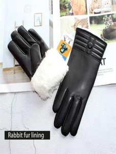 Winter Thickened Warmth Touch Screen Sheepskin Gloves Female Leather White Rabbit Fur Lining Outdoor Windproof Increase Finger 2205583603