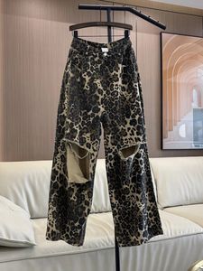 Korean Style Leopard Print Baggy Jeans for Women Ripped Hole Spring Summer Pants Oversized Denim Straight 240416