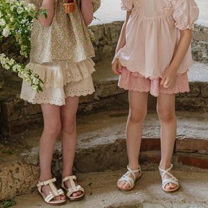 Trousers Children Clothing Girls Shorts Summer 2024 Korean Style Vintage Cotton Multilayer Lace Sweet Solid Color Casual