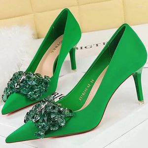 Dress Shoes Women Green 7.5cm 10.5cm High Heels Pumps Plus Size Lady Silk Pointed Toe Rhinestone Crystal Bling Buckle Low Prom