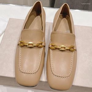 Casual Shoes Fashion Designer Office Lady Summer Khaki Loafers Women's Square Toe Metal Chain Shallow Mouth Low Heeled