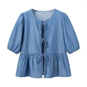 レディースブラウスYenkye Blue Lace Up Shirt Women Round Neck Puffs Sleeme Casuare Tops 2024 Spring Summer Lady Blouse High Stree Blusas