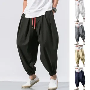 Calça masculina homens harém no meio da cintura elástica as calças largas largas com bolsos de cordão