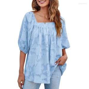 Women's Blouses Women 3/4 Puff Sleeve Square Neck Shirts Elegant Floral Textured Chiffon Blouse Solid Color Pleated Flowy Tunic Top N7YE