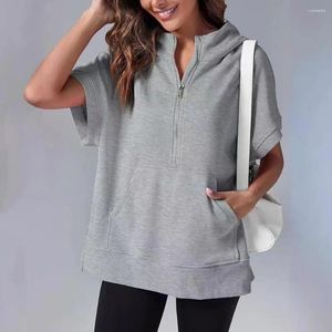 Women's Hoodies Casual Style Pullover Women Half Zip Stylish Summer Zipper Hoodie With Short Sleeves Solid For Females