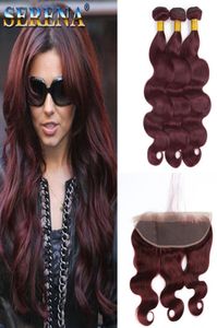 9a Brazylijskie burgundowe włosy z koronkowym zamknięciem czołowym 13x4 Fala od ucha do ucha 99J Wino Red Human Hair Bundles z pełnym czołowym 1756483