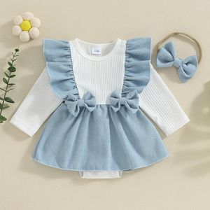 Rompers 0-18months Baby Girls Bodysuit Dress Contrast Colors Ribbed Corduroy Long Sleeve Romper For Infant Cute Headband Set