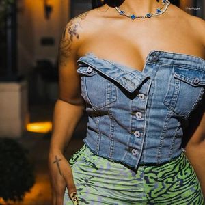 Kvinnors tankar Solid denim Pocket Design Button Vest Women Casual Bare Midriff Inslagd bröst ärmlös skördetoppar Streetwear