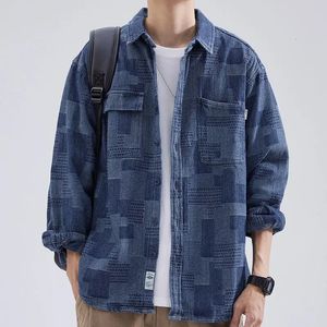 Arbetskläder skjorta herr långärmad skjorta hösten löst passande japanska trendiga märke lapel casual ruffian stilig denim skjorta j 240423