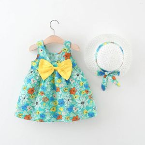 Girl Dresses Wholesale Summer 2024 Back Bow Chrysanthemum Girls Korean Version Dress With Hat Kids Clothes