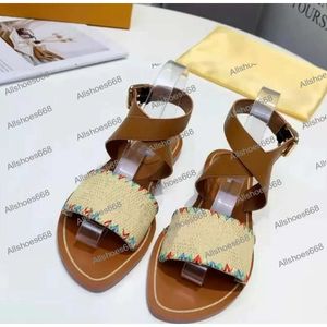 Designer Summer Outdoor Fashion Embroidered Women Sandals High Quality Flat Bottom Beach Sandal Cross Lacing Flip Flops Leather