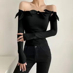 Women's T Shirts Clothes For Women Fashion Casual Sexy Solid Bow Hollow Off Shoulder Slimming Long Sleeve Comfort Blouses Elegant