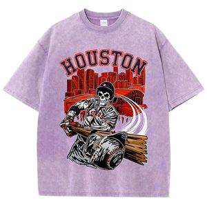 American retro womens T-shirt washed retro worn in cotton T-shirt loose oversized streetwear skeleton sports top 240426