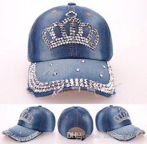 Fashion Korean Rhinestone Bling Crown Caps Adjustable Washed Denim Baseball Caps Women Cowboy Hats Fancy Summer Headwear Ladies Su4569937