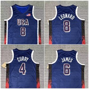 2024 Equipe EUA Kawhi Leonard 6 James 4 Stephen Curry Team US Paris Mens Blue Basketball Jerseys Printed