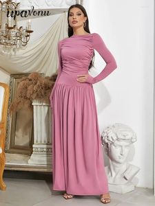 Abiti casual Upavonu 2024 Elegante abito da donna o collo a manica lunga Slip in forma drappeggiata cento pieghe di celebrità club Vestidos