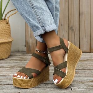Wedge for Fashion Sandals Women Summer Strasual Inslin Peep Platforme Buty gumowa podeszwa klamra elegancka obcas Kobieta San AD31 Platm