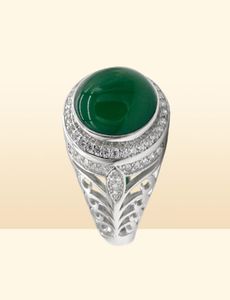 Men Ring with Natural Green Agate Stone 925 Sterling Silver Vintage Hollow Design Turkish Elegant Jewelry Gifr for Male Women2378371