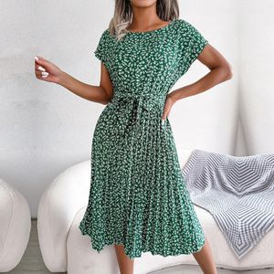 Mulheres primavera no verão de manga curta Cantura alta vestido chique de moda floral plissou uma linha longa 240420