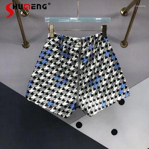 Women's Jeans Houndstooth Denim Shorts For Women 2024 Spring And Summer High Waist Slimming Back Zipper Design A- Line Wide Leg Pants