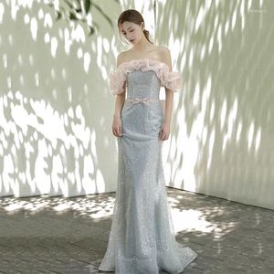 Runway Dresses Blue-Gray Beading Celebrity Boat Neck Mermaid Off The Shoulder Sequins Woman Prom Luxury Eveneing Gowns 2024