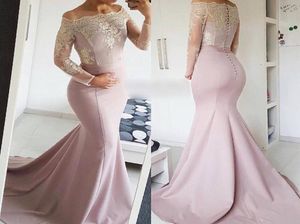 Sexy boat Neck Long sleeve Evening Dresses arabic lace Prom Dresses Satin Appliques buttons Mermaid Formal Evening Gowns Robe De S6507645