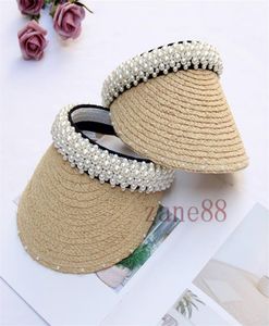 Handgjorda sömnad Pearl Cap Women Summer Hat Justerbar Wide Brim Sun Hat utan topp Raffia Hat9095292