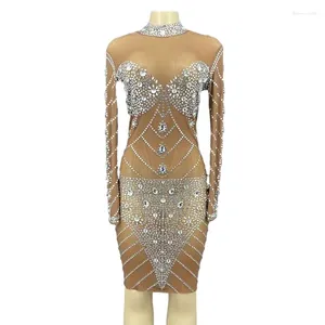 Stage Wear Women Sexy Silver Rhinestone Pearls Transparent Short Dress Nightclub Evening Wedding Birthday Celebrate Prom Dancer