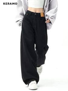 ブラックバギーストレートジーンズ女性韓国ファッションストリートウェアハイウエストワイドレッグデニムパンツ女性ルーズモッピングジャンズボンY2K 240416