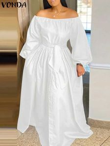 Basic Casual Dresses Plus Size Vonda 2024 Womens Long Dress Autumn Maxi Sundress Casual Solid Elegant Shoulder Bohemian Party Vest BeltL2405