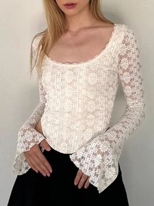 女性用Tシャツトランペットスリーブレーストップショートロングラウンド首カーブドヘムパーティーシャツスリムフィットTシャツ