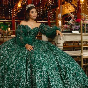 Emerald Green от плеча 3D цветов Ball Hown платья Quinceanera Ruffles Appliques Кружело корсет vestidos de 15 Anos