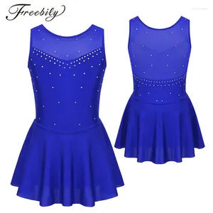 Stage Wear Kids Girls Lyrical Dance Costumes Rhinestone Tulle Back Figure Ice Skating Roller Latin Dancing Gymnastics Dress