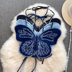 Camicette femminili retrò ragazza ragazza sexy farfalla in pizzo in denim camisole abito con canotta senza maniche in stile coreano
