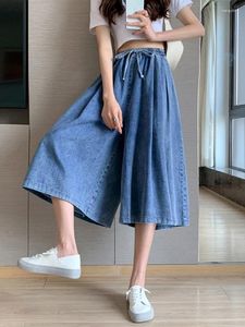 Women's Jeans Calf-length Pants Summer Thin Elastic High Waist Wide Leg Loose Slim Denim Skirt Oversized M-5XL