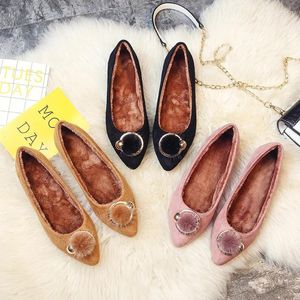 Casual Shoes Woman Winter Cotton Flats Pointy Toe Round Metal Buckle Solid Moccasins Plush Shallow Loafers Slip On Comfy