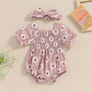 Kläder sätter baby flicka sommarkläder kort ärm daisy tryck smockad romper med pannband 2 stycken set för född 0-18 månader