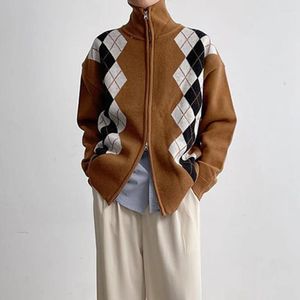 Męskie swetry diamentowe długie rękawowe klapy z dzianiny sweter sweter unisex jesienne zimowe luźne luźne para koreańska krańca