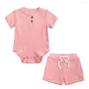 Kläder sätter mode fast färg baby flicka outfit set bomull kort ärm toppar shorts sommar födda pojkar 3-24 månader