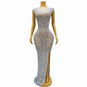 Stage Wear Luxurious Silver Rhinestones Long Train Sleeveless Dress Birthday Celebrate Outfit Evening Singer Performance Costume Miaohua