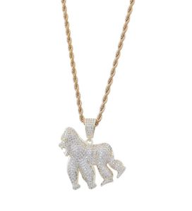 Hip Hop 14k Gold plattiert Gorilla Anhänger Halskette ECED All Zirkon Messing Gold Silber plattiert Charm Tier Halskette für Männer Frauen8322267