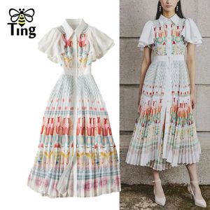 Tingfly Vintage Elegant Floral Print Плиссированное платье на вечеринке летние оборюе рукав Midi Long Prancess платья 240416