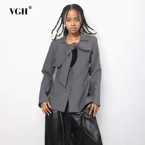 Abiti da donna VGH Solid Spliced ​​Lace Up Blazer for Women V Neck Long Maniche patchwork singolo petto di blazer tunico blazer stile femmina